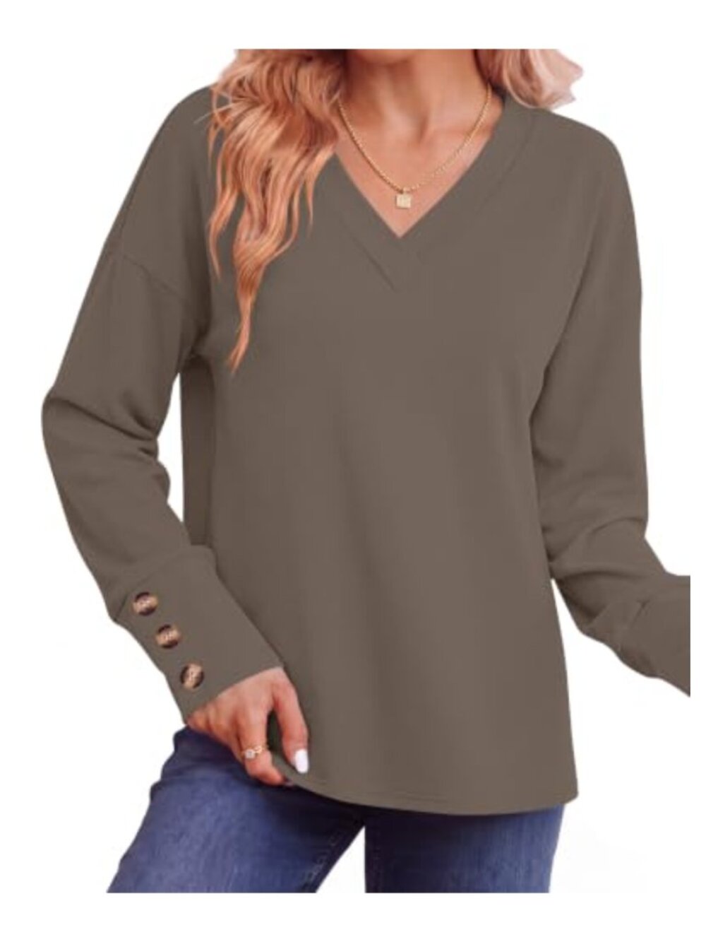 Womens V Neck Pullover Top Long Sleeve Button Cuff Sweatshirt